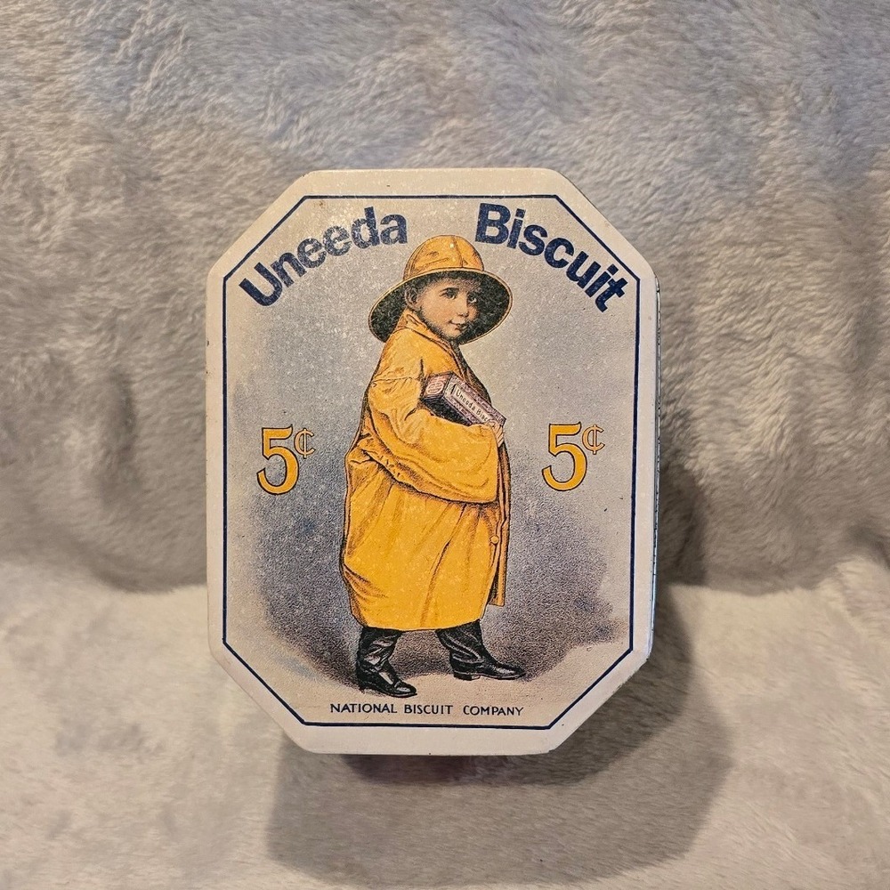 Vintage Bristol Ware Nabisco Uneeda Biscuit Tin Slicker Boy Octagonal Canister